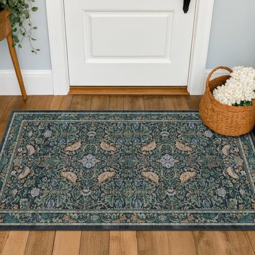 Washable Floral Small 2x3 Dark Blue Entryway Rugs Indoor, Botanical Bird Kitchen Floor Mats, Non-Slip & Soft Boho Carpet for Bathroom, Low Pile Stain Resistant Throw Rugs Bedroom