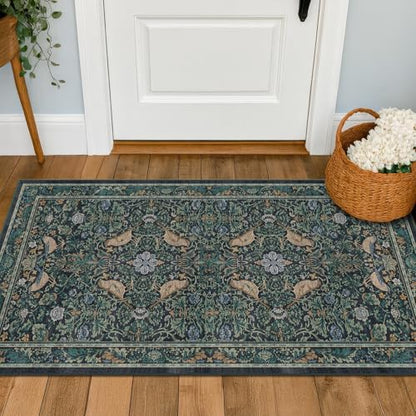 Washable Floral Small 2x3 Dark Blue Entryway Rugs Indoor, Botanical Bird Kitchen Floor Mats, Non-Slip & Soft Boho Carpet for Bathroom, Low Pile Stain Resistant Throw Rugs Bedroom