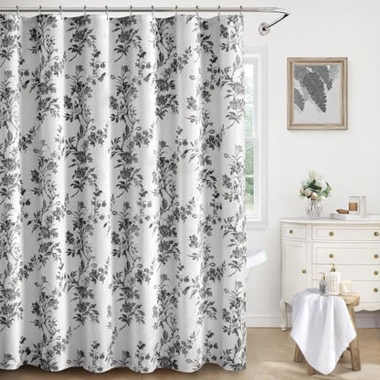 Black and White Floral Shower Curtain,Vintage Cotton Cottagecore Gray Shower Curtains for Bathroom, 72" W x 78" L