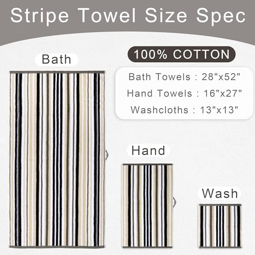 VOOVA & MOVAS Washcloths 6 Pack, 100% Cotton, 13x13 in, Black Striped