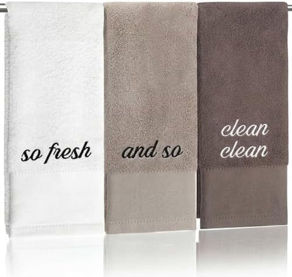 Tiamon 3 Pcs Bathroom Towel Decorative Set 100% Cotton Fluffy Bath Hand Towels for Guest Gifts Farmhouse Kitchen Hand Towels Home(White, Light Brown, Dark Brown,30 x 13 Inch,So Fresh and So Clean)