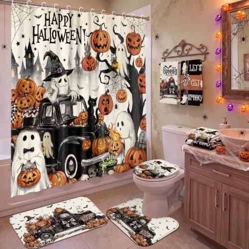 FuWeave 8 Pcs Halloween Shower Curtain Set for Bathroom Decor Include Vintage Ghost Pumpkin Black Truck Towels Non Slip Skull Rugs Toilet Lid Cover Halloween Spider Web Bath Mat and 12 Hooks