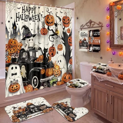 FuWeave 8 Pcs Halloween Shower Curtain Set for Bathroom Decor Include Vintage Ghost Pumpkin Black Truck Towels Non Slip Skull Rugs Toilet Lid Cover Halloween Spider Web Bath Mat and 12 Hooks
