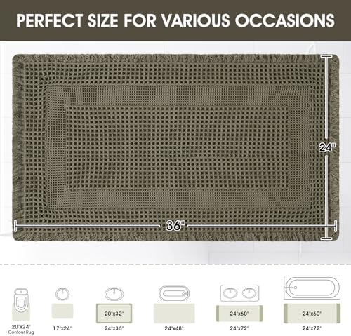 Upgraded Waffle Bath Mat, 36"x24" Greyish Green-Looped, Super Absorbent Non-Slip Quick Dry Bathroom Rugs with Tassels, Machine Washable Ultra Soft Boho Bath Rugs, Toilet Mats Boho Farmhouse Decor