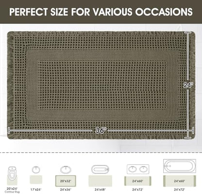 Upgraded Waffle Bath Mat, 36"x24" Greyish Green-Looped, Super Absorbent Non-Slip Quick Dry Bathroom Rugs with Tassels, Machine Washable Ultra Soft Boho Bath Rugs, Toilet Mats Boho Farmhouse Decor