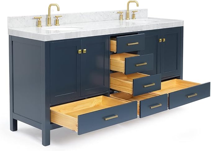 ARIEL Cambridge 72-inch Bathroom Vanity with Sink,Solid Wood, 2-inch Italian Carrara Marble Countertop, Double Oval Porcelain Sink, 4 Soft Closing Doors, 6 Dovetail Drawers, Midnight Blue