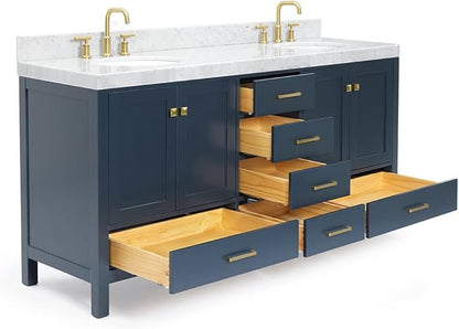 ARIEL Cambridge 72-inch Bathroom Vanity with Sink,Solid Wood, 2-inch Italian Carrara Marble Countertop, Double Oval Porcelain Sink, 4 Soft Closing Doors, 6 Dovetail Drawers, Midnight Blue
