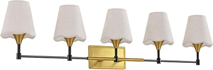 Black Gold Bathroom Vanity Light: 5 Light Vanity Lighting Fixtures with Flared Fabric Shade, Farmhouse Bathroom Lighting Fixtures over Mirror, Wall Sconce Lights for Bedroom Hallway Living Room