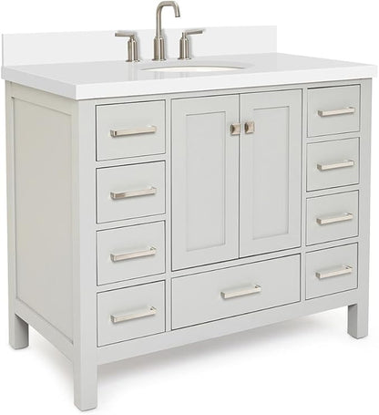 ARIEL Cambridge 42-inch Bathroom Vanity with Sink,Solid Wood, 1.5-inch Pure White Quartz Countertop & Backsplash, Single Oval Porcelain Sink, 2 Soft Closing Doors, 9 Dovetail Drawers, Grey