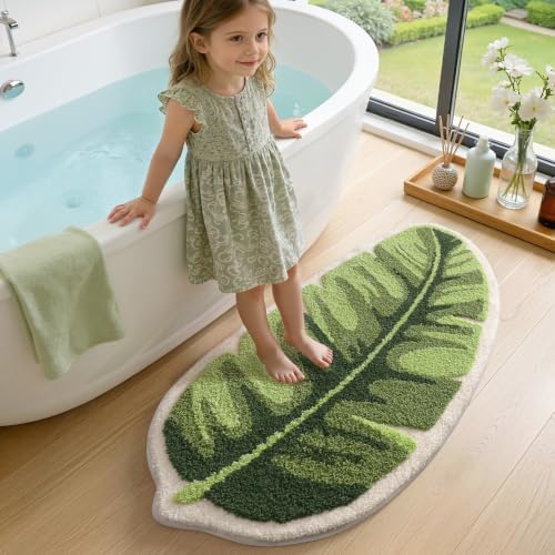 LUMI Cute Bathroom Rug Green Leaf, Absorbent Non Slip Bath Mat, 19.5"x39.5"