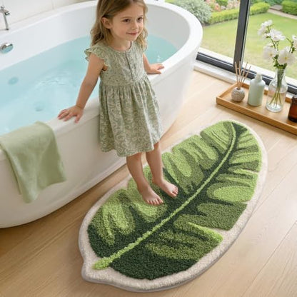 LUMI Cute Bathroom Rug Green Leaf, Absorbent Non Slip Bath Mat, 19.5"x39.5"