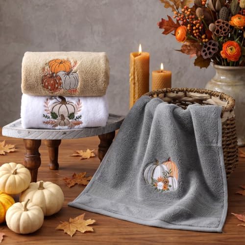 FuWeave 3 Pcs Gray Brown Fall Pumpkin Hand Towels for Bathroom