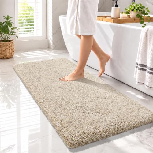 Yimobra Luxury Bathroom Rugs, Fluffy Bath Mats, Non Slip, Water Absorbent Microfiber, Machine Washable, Plush Runner Shower Rugs, Thick Matts for Bathroom Floor/Tub, 56" X 24", Light Beige and White