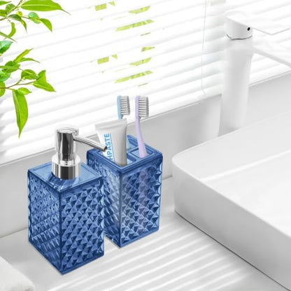 2 PCS Bathroom Accessory Set, Blue Soap Dispenser and Toothbrush Holder