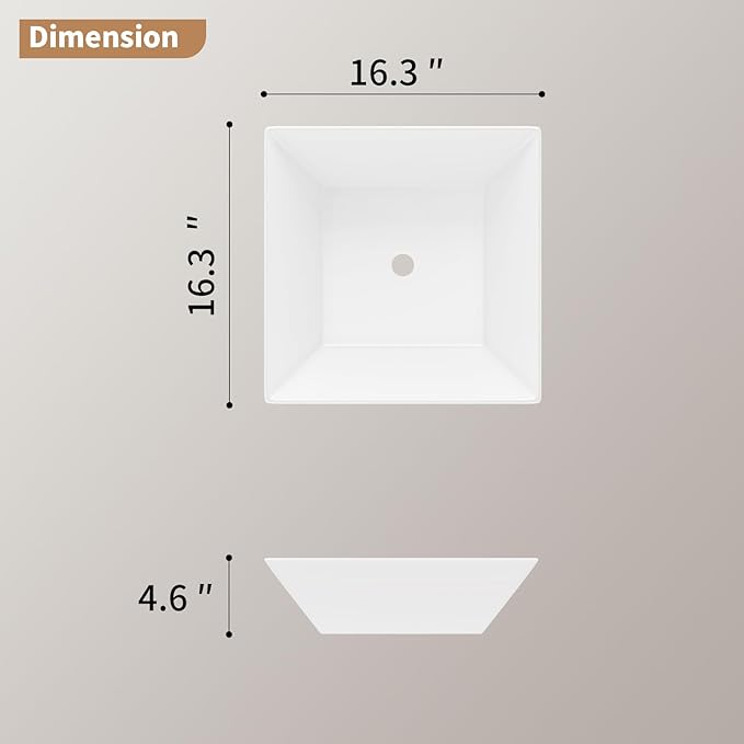 16"X16" Bathroom Vessel Sink Square Above Counter Rectangular White Porcelain Ceramic Modern Vanity Sink Rectangle Art Basin