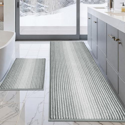 BSICPRO Bathroom Rugs Sets 2 Piece, Non Slip Striped Bath Mats, Light Gray