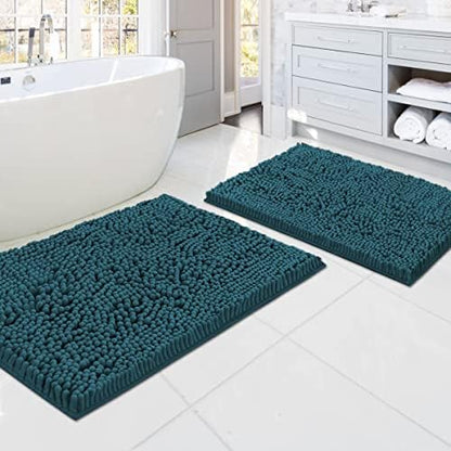 H.VERSAILTEX Bath Mats - Non Slip Luxury Chenille Bathroom Rugs, Extra Soft Absorbent Shaggy, Washable Fast Dry 2 Piece (Dark Teal, 20" x 32"/17" x 24")