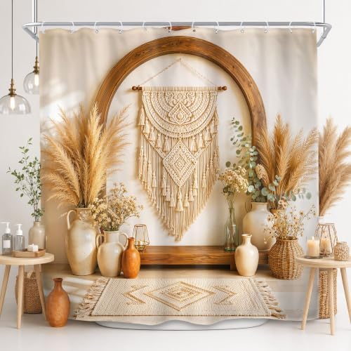 Boho Shower Curtain 72x72 Bohemian Style Pampas Grass Beige Bathroom Decor