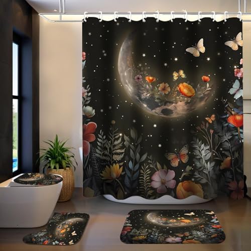 LQCOOL Shower Curtain Set 4 Pcs Black Moon Bathroom Sets with Shower Curtain and Rugs Bathroom Decor Set with 12 Hooks
