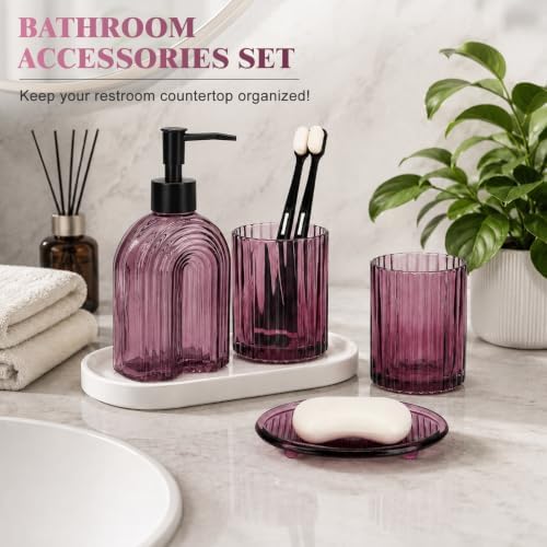 Bathroom Accessories Set, 4Pcs Glass Bathroom Accessories Set Complete, 11.6OZ Lotion Soap Dispenser, Toothbrush Holder, Mouthwash Cup, Soap Dish for Bathroom Decor, Countertop Organizer (Purple)
