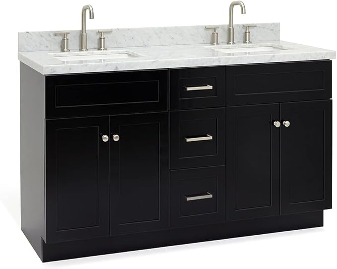 ARIEL Hamlet 60-inch Bathroom Vanity with Sink,Solid Wood, 1.5-inch Italian Carrara Marble Countertop, Double Rectangular Porcelain Sink, 4 Soft Closing Doors, 3 Dovetail Drawers, Black
