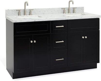 ARIEL Hamlet 60-inch Bathroom Vanity with Sink,Solid Wood, 1.5-inch Italian Carrara Marble Countertop, Double Rectangular Porcelain Sink, 4 Soft Closing Doors, 3 Dovetail Drawers, Black