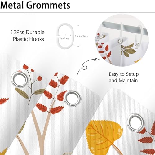 Fall Leaves Shower Curtain, Brown Eucalyptus Maple Leaf Plants Seasonal Autumn Bathroom Decor, Waterproof Cloth Fabric Bathroom Curtain with Hooks 72 x 72 inch
