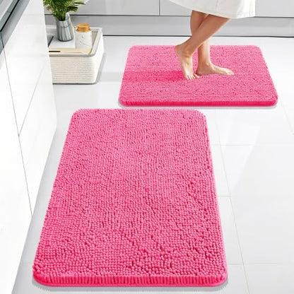 OLANLY Chenille Bathroom Rugs Mats Sets 2 Piece, 30"x20"+24"x16", Hot Pink