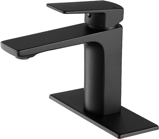 VOTON Matte Black Bathroom Faucet 1 Hole, Single Handle Bathroom Sink Faucets for 1 or 3 Hole with Supply Deck Plate and Hose, Basin, Rv, Lavatory Sink