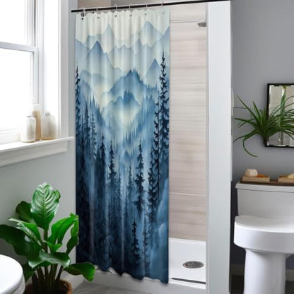 Navy Blue Forest Stall Shower Curtain, 36X72 in Narrow Small, Mountain
