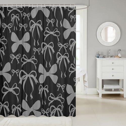 jejeloiu Cute Bowknot Shower Curtain for Bathroom Decor 72"x78" Black Gray Girls Bow Bath Curtain Kawaii Bathroom Accessories Waterproof Polyester Fabric for Stalls Bathtubs Princess Decor