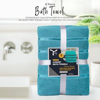 Luxury Bath Towels Set of 4, 27x54 Inches 600GSM 100% Cotton Ring Spun – Daily Use Highly Absorbent Viscose Stripe Bath Towel Sets for Bathroom, Hotel, Spa (Turquoise)
