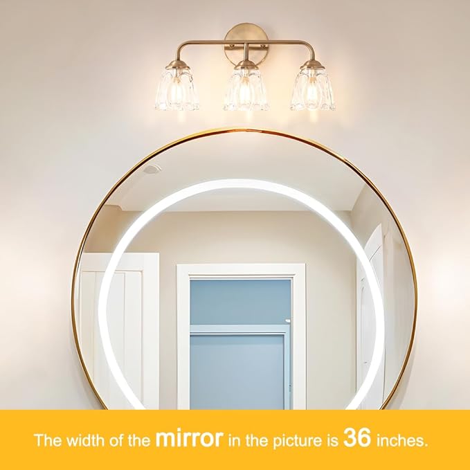 3-Light Bathroom Vanity Light Gold, Vintage Vanity Light Fixtures Over Mirror, Brass Bathroom Light with Flower Glass Shade, Art Deco Wall Sconce Lighting for Bedroom, Living Room
