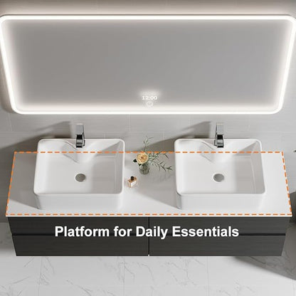 Bathroom Vanity Floating Bathroom Sink Cabinet with Ceramic Vessel Sink Wall Mounted Floating Vanity (Black & White, 59.8" W)