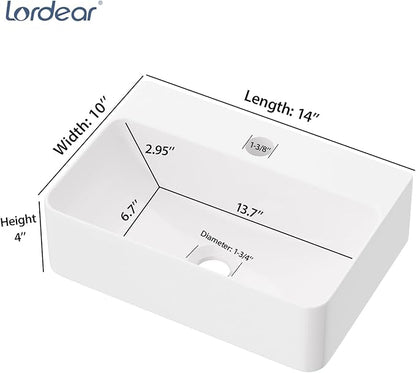Lordear 14.5x10 Inch Small Wall Mounted Vessel Sink Floating Corner Bathroom Sink Wall hung Pure Glossy White Ceramic Wash Basin Sink 14.5x10x4.2 Inch for Tiny Room