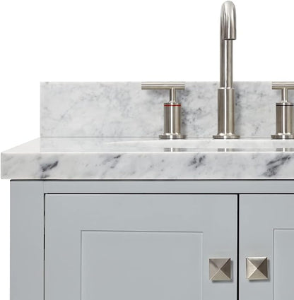 ARIEL Cambridge 60-inch Bathroom Vanity with Sink,Solid Wood, 1.5-inch Italian Carrara Marble Countertop & Backsplash, Double Oval Porcelain Sink, 4 Soft Closing Doors, 6 Dovetail Drawers, Grey