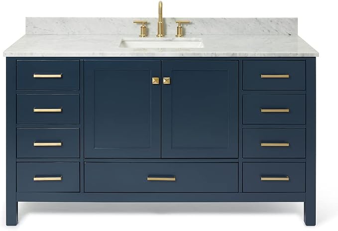 ARIEL Cambridge 60-inch Bathroom Vanity with Sink,Solid Wood, 0.75-inch Italian Carrara Marble Countertop, Single Rectangular Porcelain Sink, 2 Soft Closing Doors, 9 Dovetail Drawers, Midnight Blue