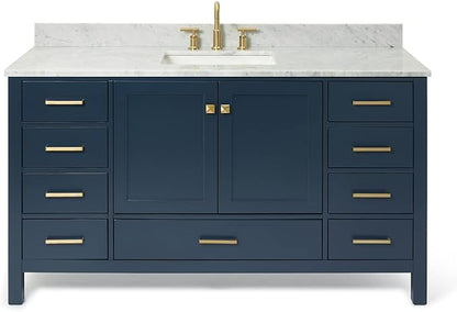 ARIEL Cambridge 60-inch Bathroom Vanity with Sink,Solid Wood, 0.75-inch Italian Carrara Marble Countertop, Single Rectangular Porcelain Sink, 2 Soft Closing Doors, 9 Dovetail Drawers, Midnight Blue