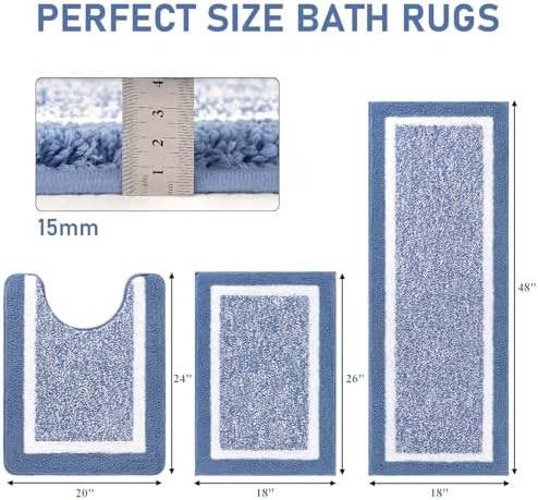 Pauwer Bathroom Rugs 3 Piece Set, Non Slip Washable Bath Mat, Blue