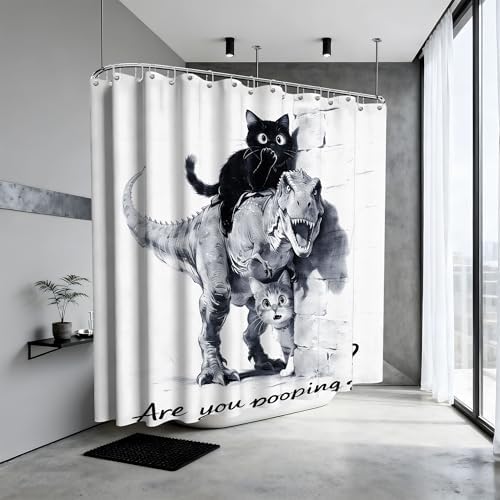 Extra Long Shower Curtain XL Black Cat Riding Dinosaur, 108 x 72 in