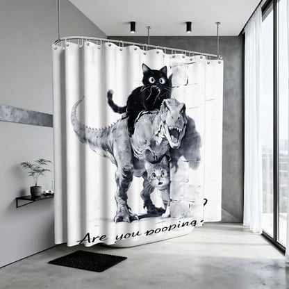 Extra Long Shower Curtain XL Black Cat Riding Dinosaur, 108 x 72 in