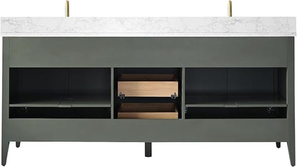 Vanity Art 72 inch Bathroom Vanity with Double Sink & Ceramic Top, Vanity Cabinet with Soft-Closing Door, Solid Wood Frame, Linear Pattern, Vintage Green, VA9172-DVG-MB,Matte Black Handles
