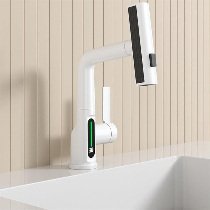 Bathroom Single Handle Basin Sink Pull Out Faucet with Rainfall Spray Head Temperature Digital Display Vanity Mixer Tap White
