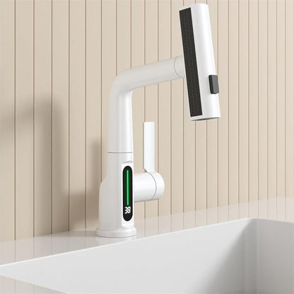 Bathroom Single Handle Basin Sink Pull Out Faucet with Rainfall Spray Head Temperature Digital Display Vanity Mixer Tap White
