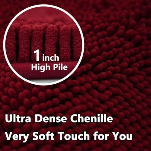Bathroom Rugs Sets 2 Piece Chenille Bathroom Rugs,Extra Thick and Absorbent,Strong PVC Non-Slip Underside, Machine Washable, Dry Quckily, Soft Cozy Plush for Bedroom, (Burgundy)
