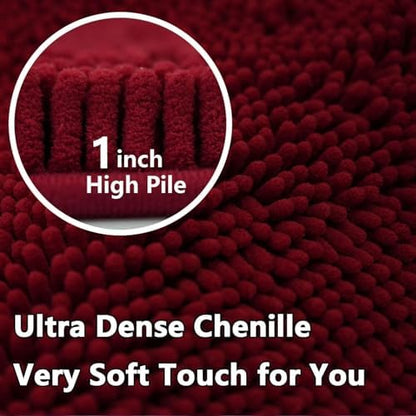 Bathroom Rugs Sets 2 Piece Chenille Bathroom Rugs,Extra Thick and Absorbent,Strong PVC Non-Slip Underside, Machine Washable, Dry Quckily, Soft Cozy Plush for Bedroom, (Burgundy)
