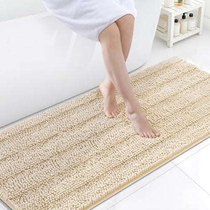 Grandaily Chenille Striped Bathroom Rugs 70x24, Extra Thick and Soft Absorbent Bath Mats, Rubber Backing, Plush Shaggy Shower Carpet, Machine Wash Dry, Bath Rug for Bathroom, Light Beige