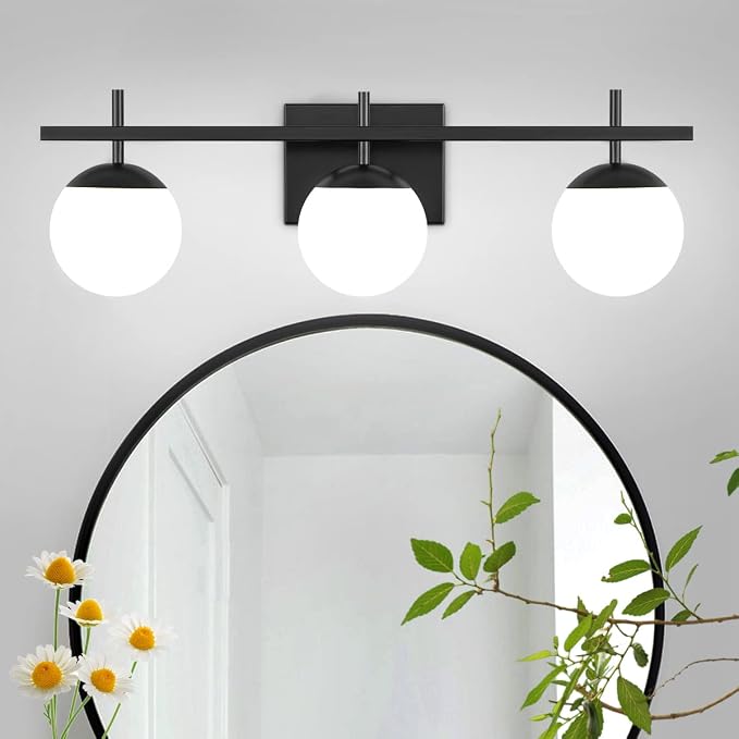 Modern Bathroom Light Fixtures Over Mirror, Black Vanity Lights Milky Glass Globe Bathroom Lighting Fixtures 3-Light Wall Sconces Light for Living Room Dining Room