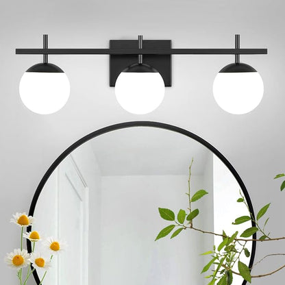 Modern Bathroom Light Fixtures Over Mirror, Black Vanity Lights Milky Glass Globe Bathroom Lighting Fixtures 3-Light Wall Sconces Light for Living Room Dining Room