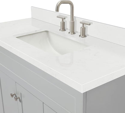 DKB Bradford 48-Inch Bathroom Vanity with Sink — Grey Single Sink Bathroom Vanity, 1.5" Edge Carrara White Quartz Countertop, Solid Wood, 2 Soft-Close Doors, 4 Full Extension Dovetail Drawers
